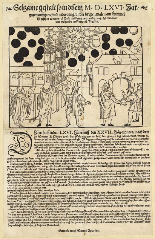 Flugblatt von 1566: Holzschnitt schwarzer Kugeln über Basel, darunter Frakturtext von Samuel Apiarius