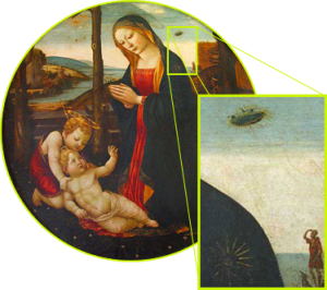 Madonna col Bambino e San Giovannino — Detail: strahlenförmiges Objekt am Himmel, Hirte und Hund blicken hinauf