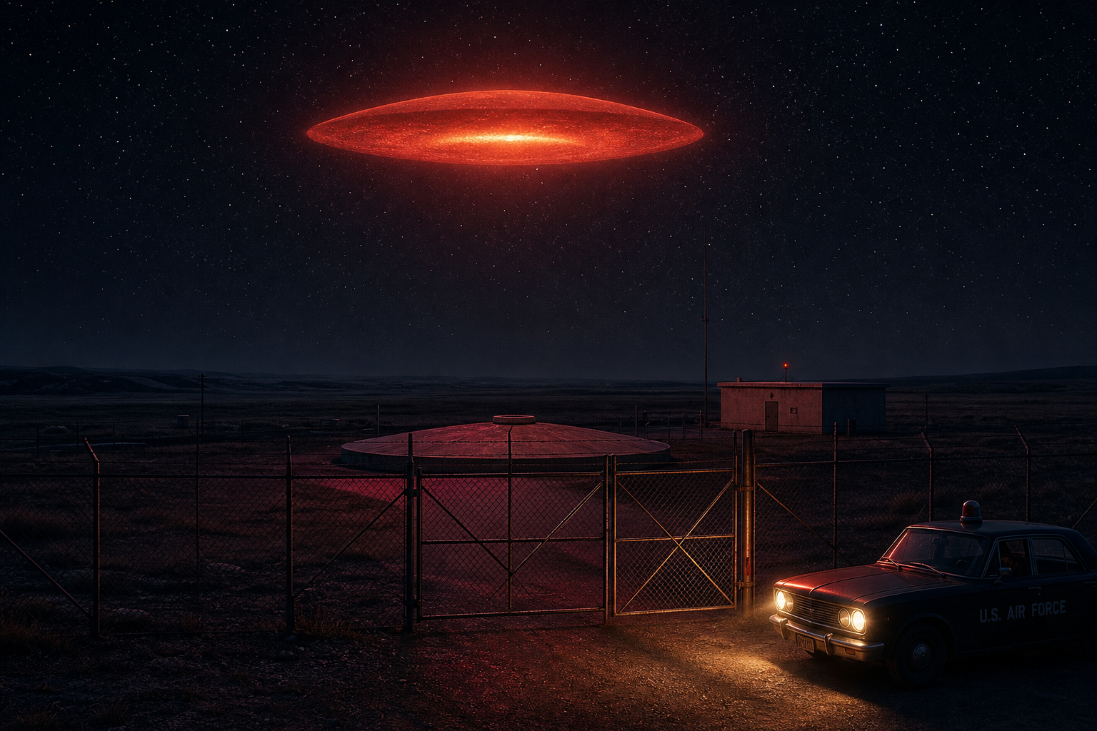 KI-generierte Illustration: Rot glühendes Objekt über einer Raketenbasis bei Nacht — Malmstrom 1967