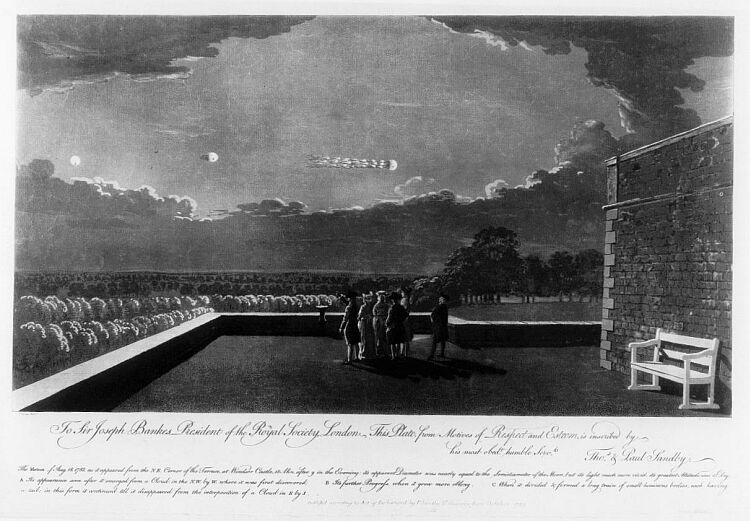 Aquatinta von Thomas und Paul Sandby: Beobachter auf der Terrasse von Windsor Castle sehen den Meteor von 1783 in drei Phasen
